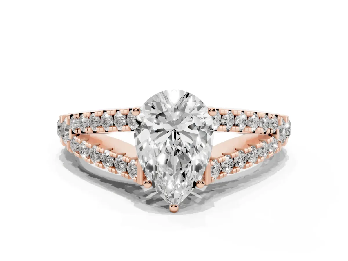 Pear Cut Diamond Split Shank Engagement Ring with Round Pavé and Prong Setting Rose gold