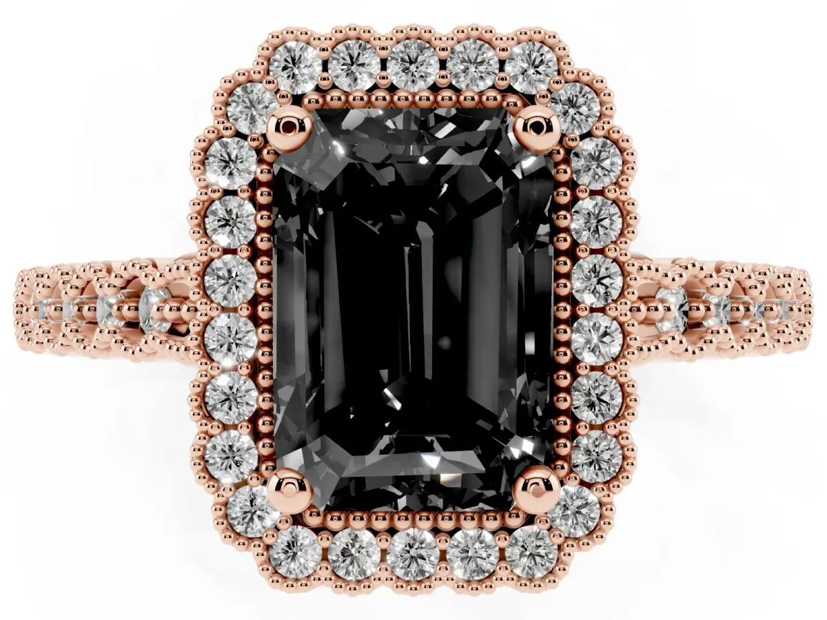 Fancy Black Radiant Cut Cut Halo Pavé Solitaire Ring with Milgrain Band Rose gold