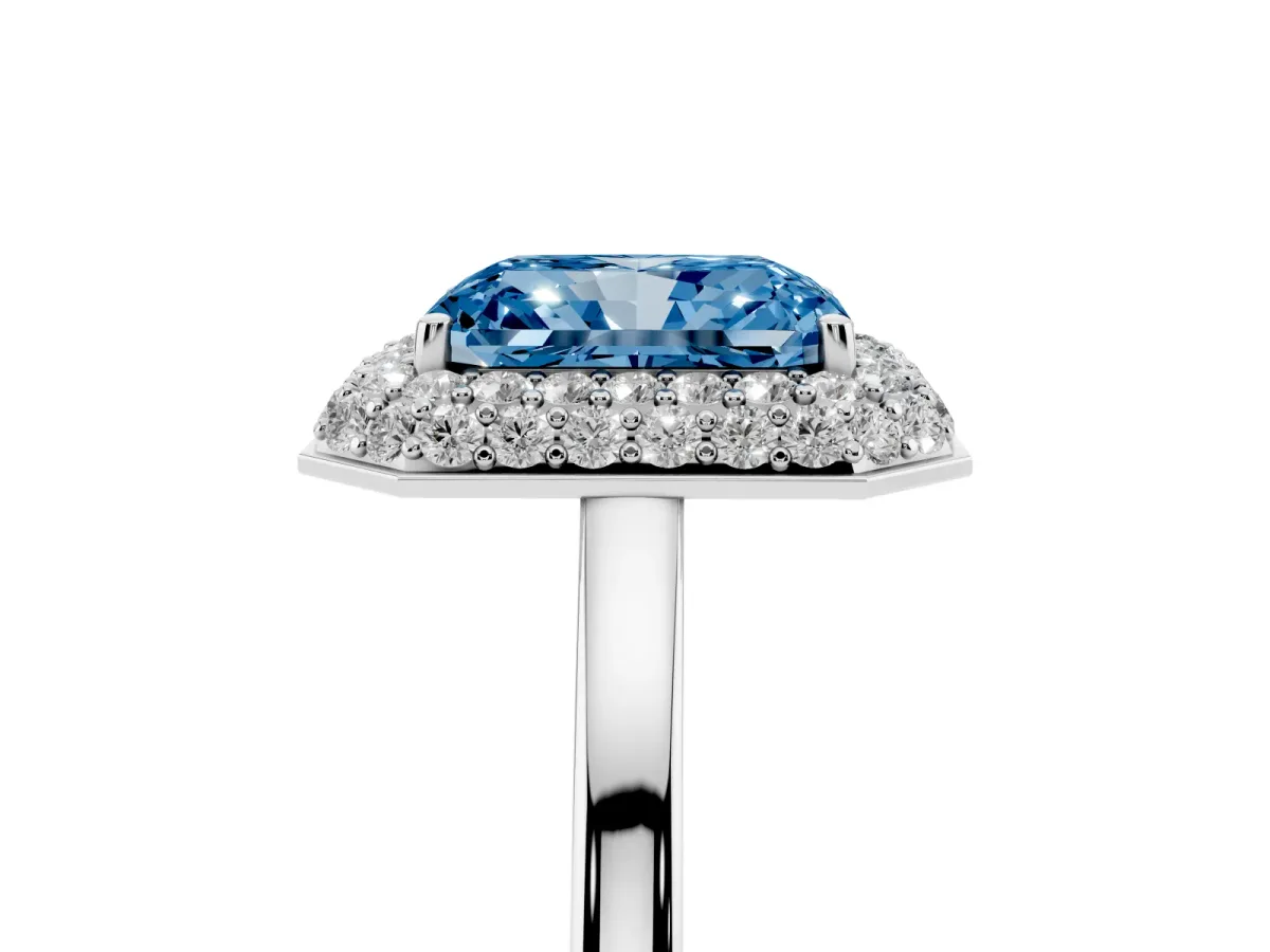 Fancy Blue Radiant Cut Halo Diamond Engagement Ring with Solitaire Band and Four-Prong Setting Platinum