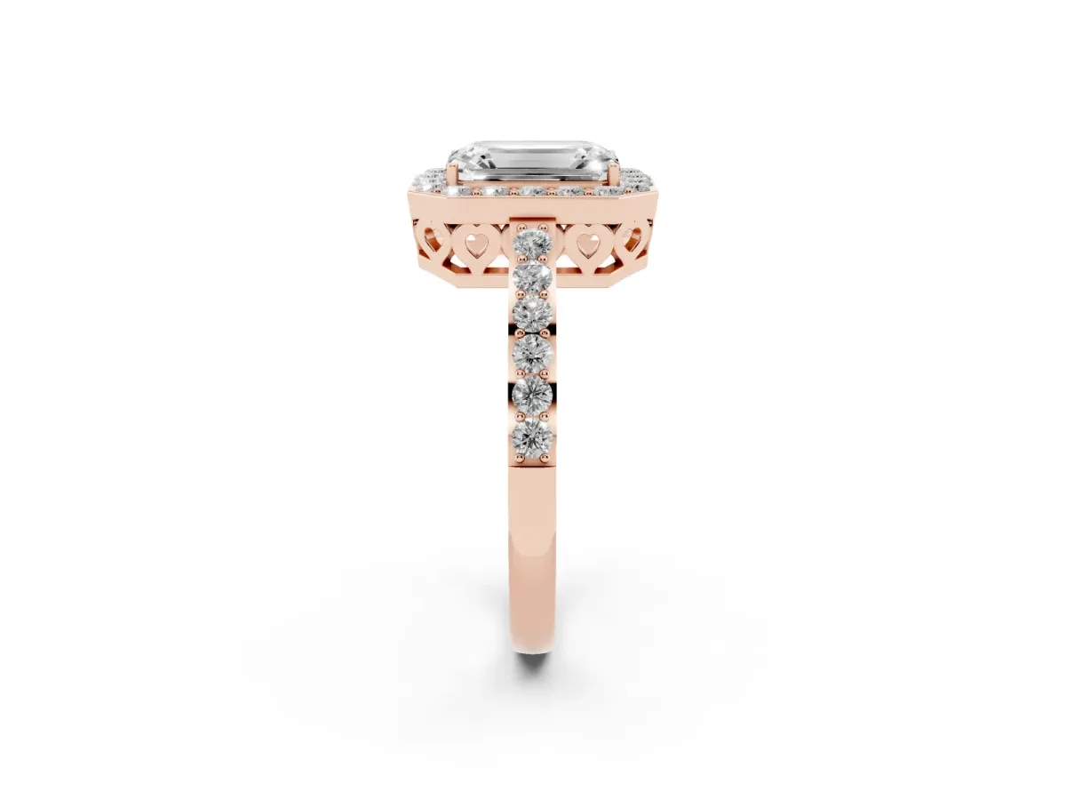 Emerald Cut Halo Diamond Pavé Band Ring with Prong Setting Rose gold