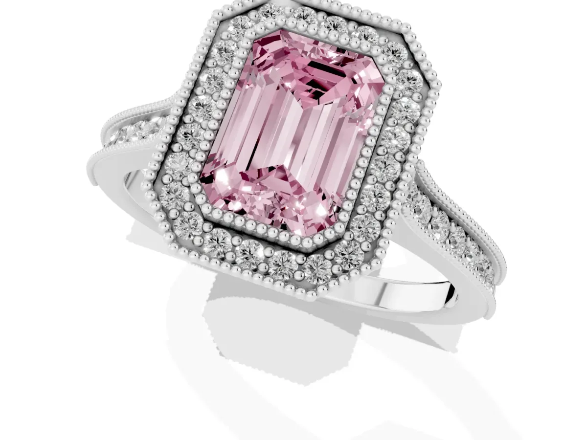 Fancy Pink Halo Emerald Cut-Cut Diamond Pave Band Milgrain Prong Setting Ring Silver