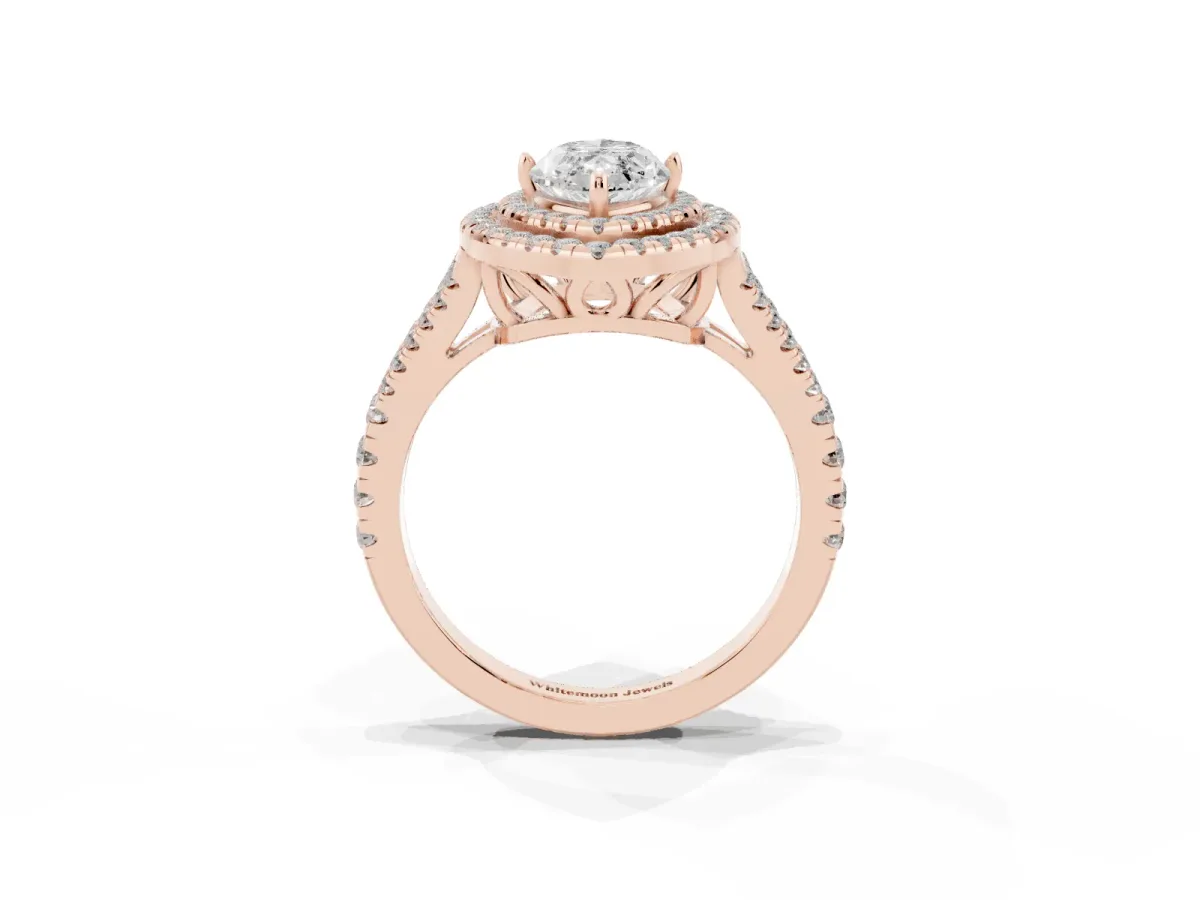 Marquise Cut Diamond Double Halo Ring with Pavé Band and Prong Setting Rose gold