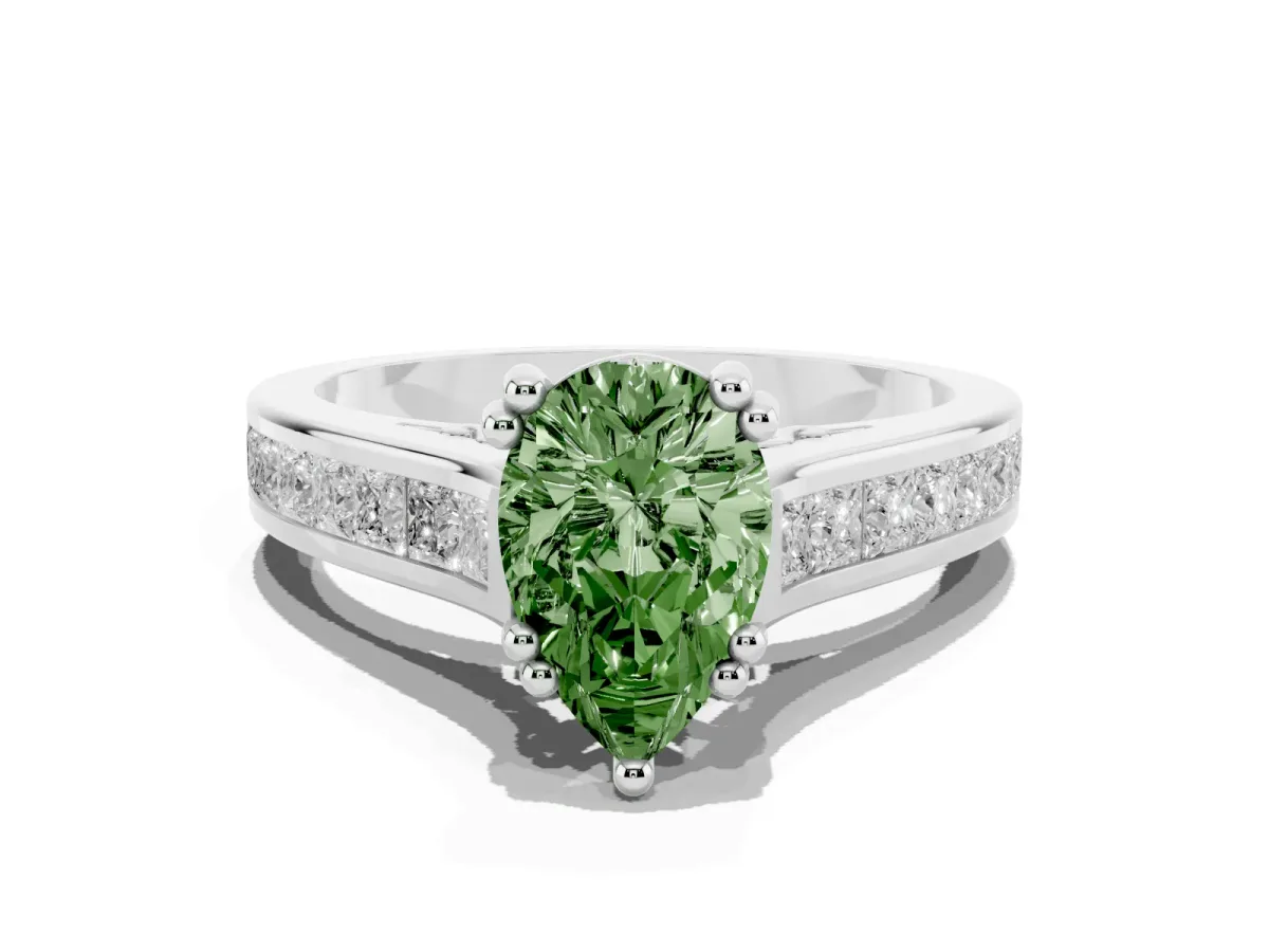 Fancy Green Pear Cut Cut Channel Set Solitaire Engagement Ring with Prong Setting Platinum