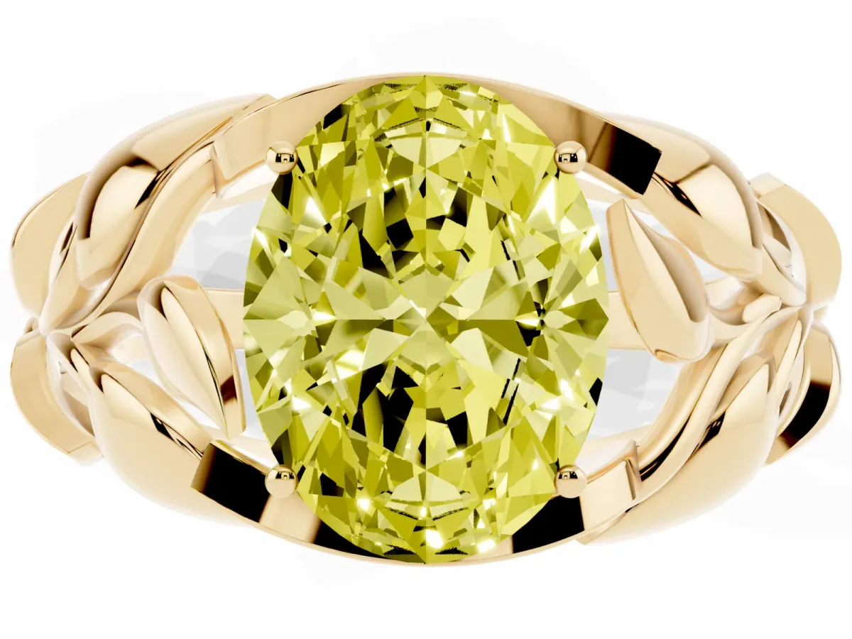 Fancy Yellow Oval Cut Diamond Leaf-Inspired Engagement Ring with Round Accents and Prong Setting Yellow gold