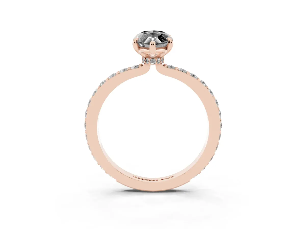 Fancy Black Marquise Cut Diamond Pavé Engagement Ring with Round Accents and Prong Setting Rose gold