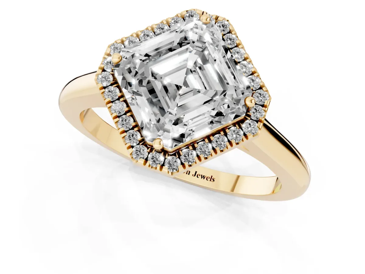 Asscher Cut Halo Round Diamond Solitaire Engagement Ring with Pave Band and Four-Prong Setting Yellow gold