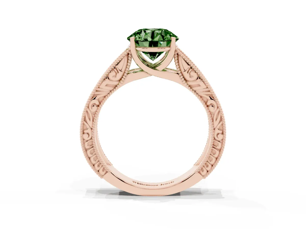 Fancy Green Round Cut Diamond Solitaire Ring with Engraved Band and Four-Prong Setting Rose gold