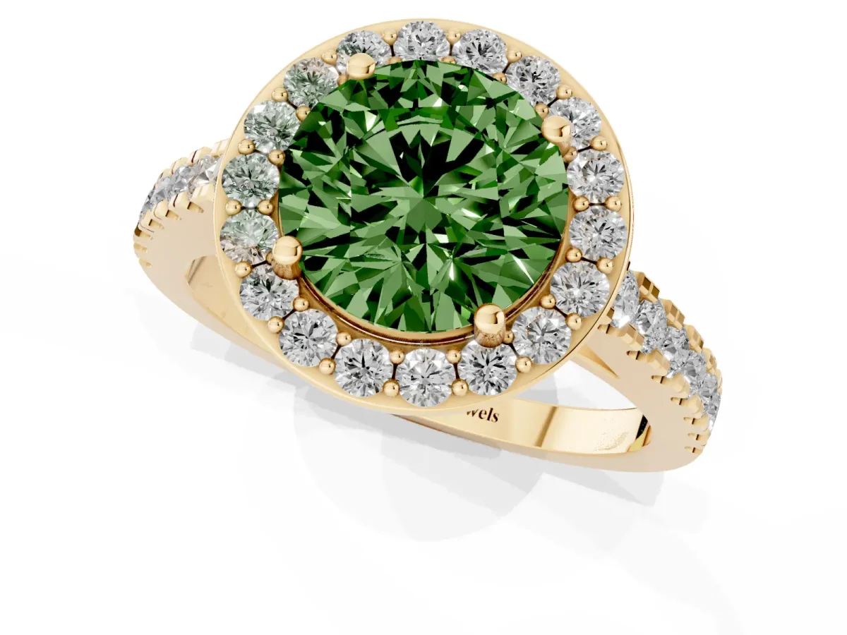 Fancy Green Round Cut Diamond Halo Ring with Round Pavé Split Shank and Prong Setting Yellow gold