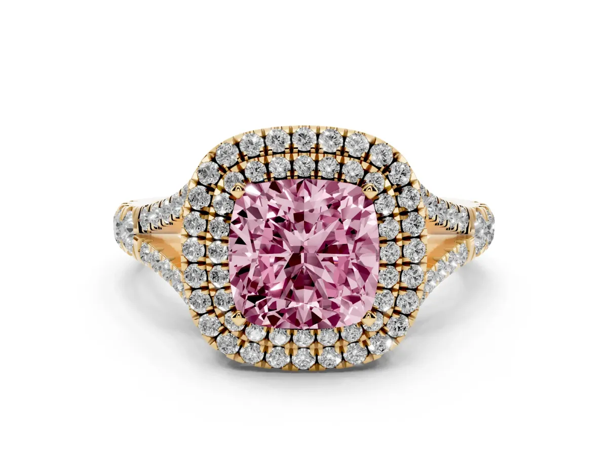Fancy Pink Cushion Cut Diamond Pavé Split Shank Double Halo Engagement Ring Yellow gold
