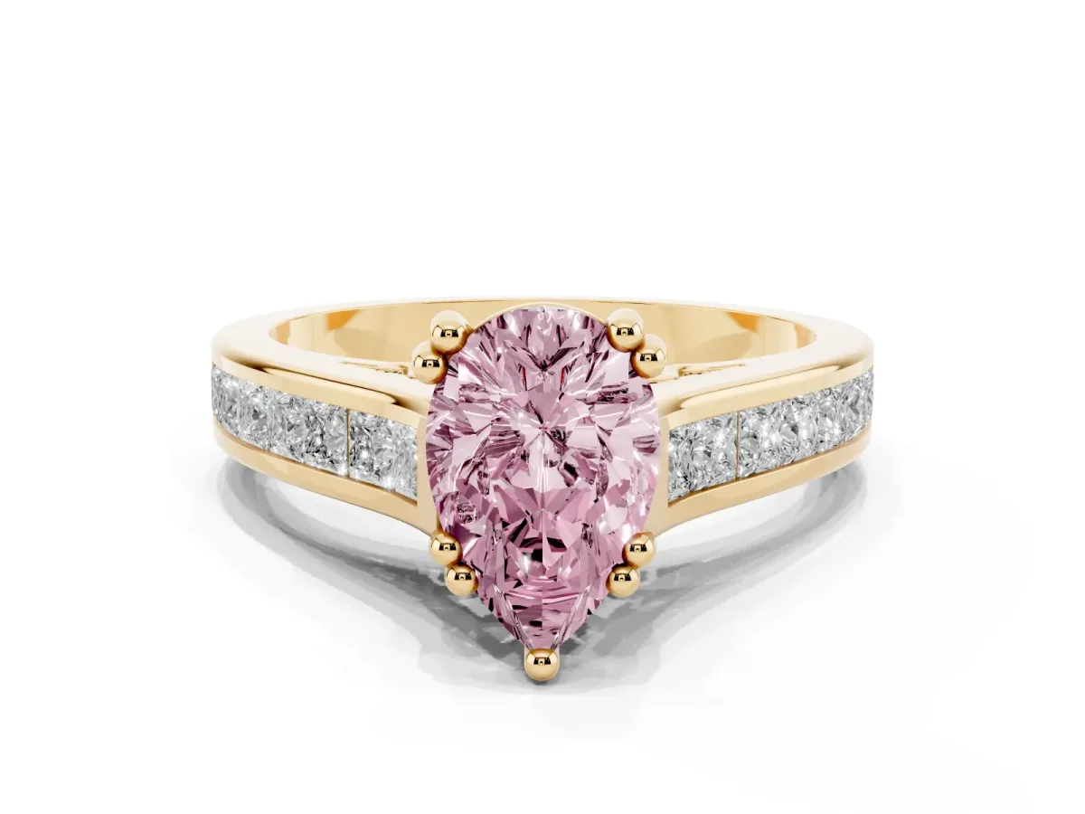 Fancy Pink Pear Cut Cut Channel Set Solitaire Engagement Ring with Prong Setting Yellow gold