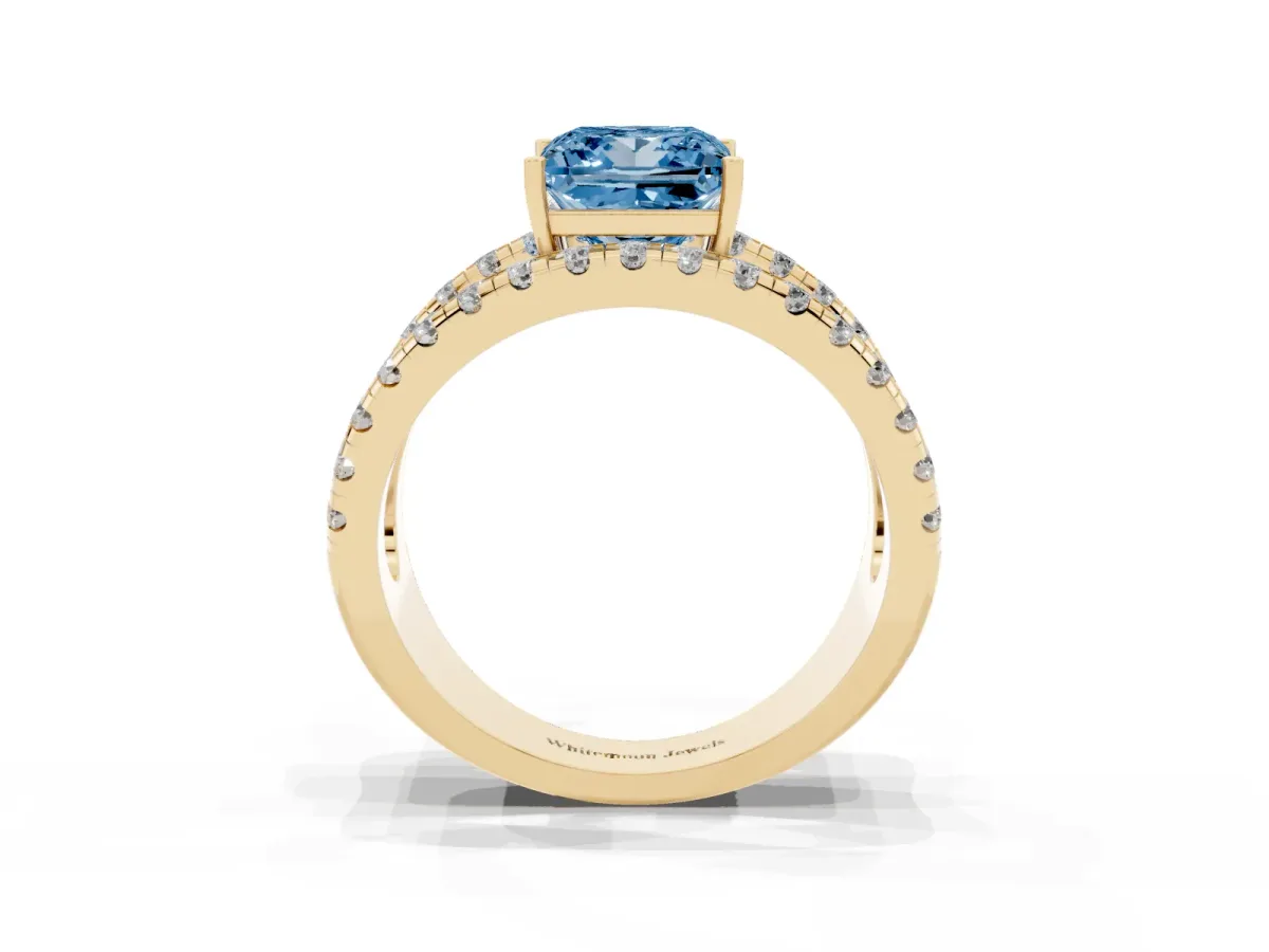 Fancy Blue Princess Cut Solitaire Split Shank Pave Diamond Ring Yellow gold