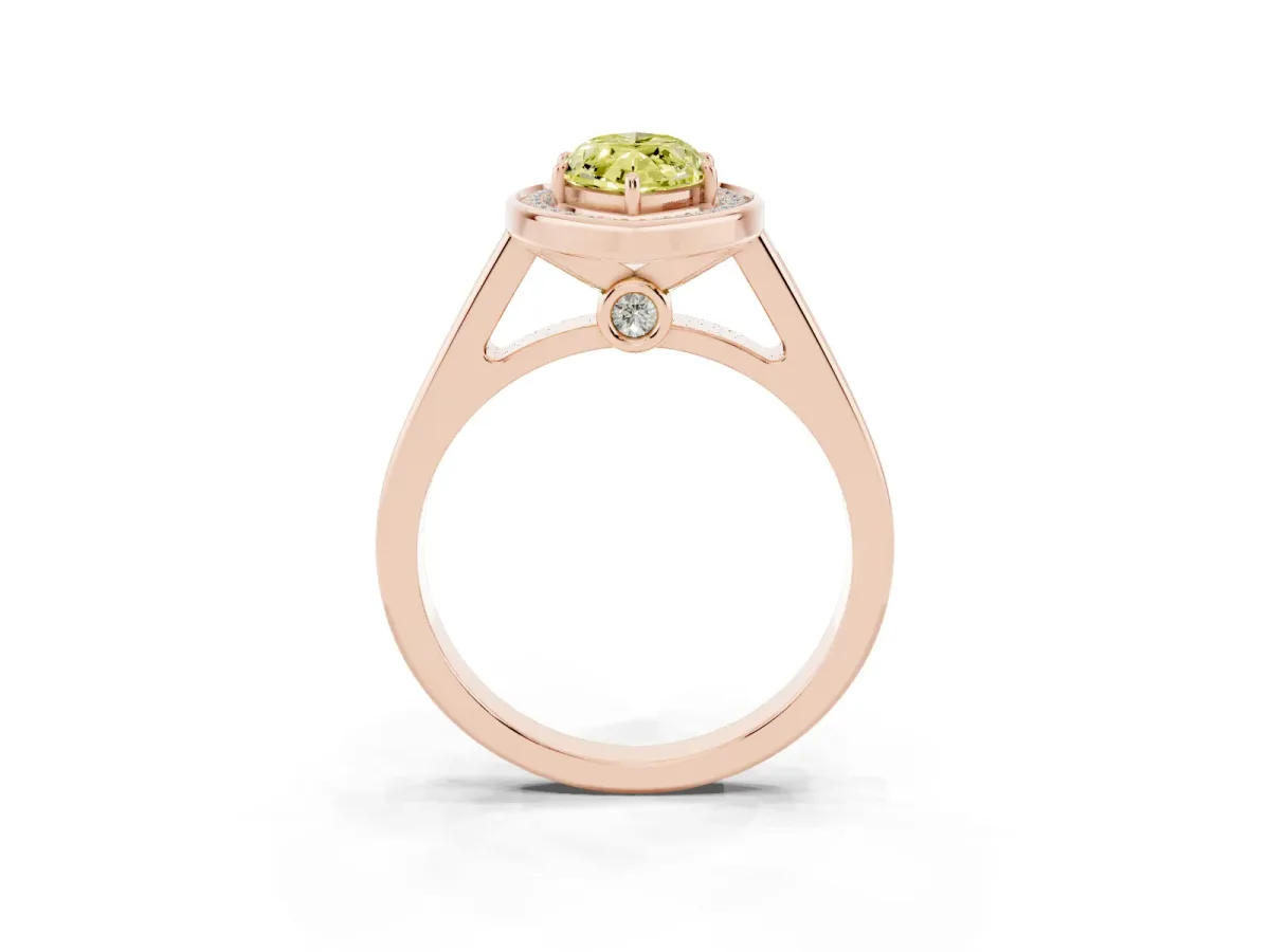 Fancy Yellow Marquise Cut Halo Solitaire Diamond Ring with Pave Band and Bezel Setting Rose gold