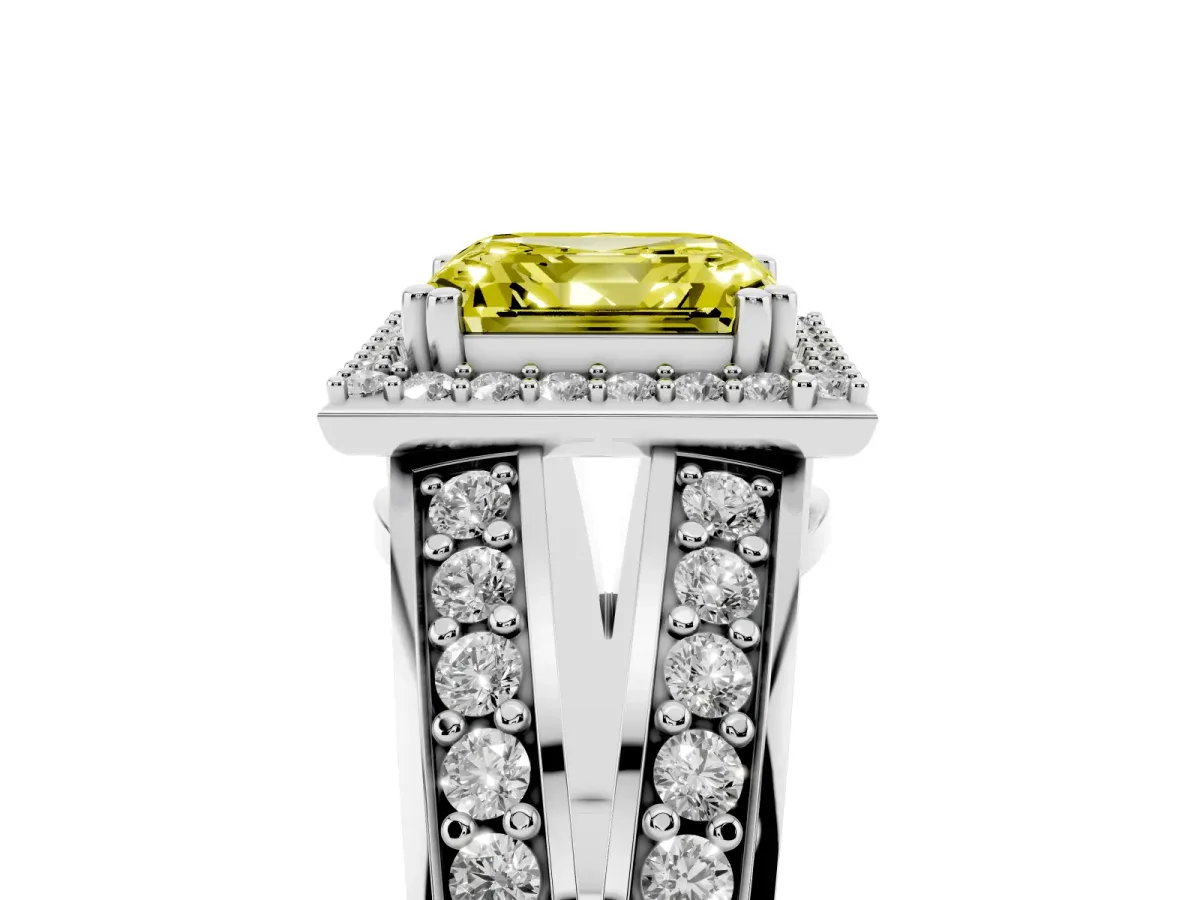 Fancy Yellow Asscher Cut Diamond Halo Ring with Split Shank Pavé Band and Four-Prong Setting Silver