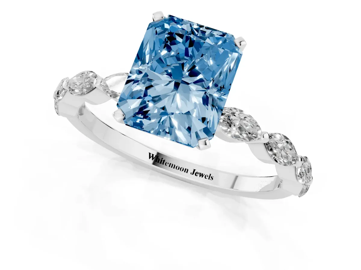 Fancy Blue Radiant Cut Diamond Ring with Marquise Side Stones and Prong Setting Platinum