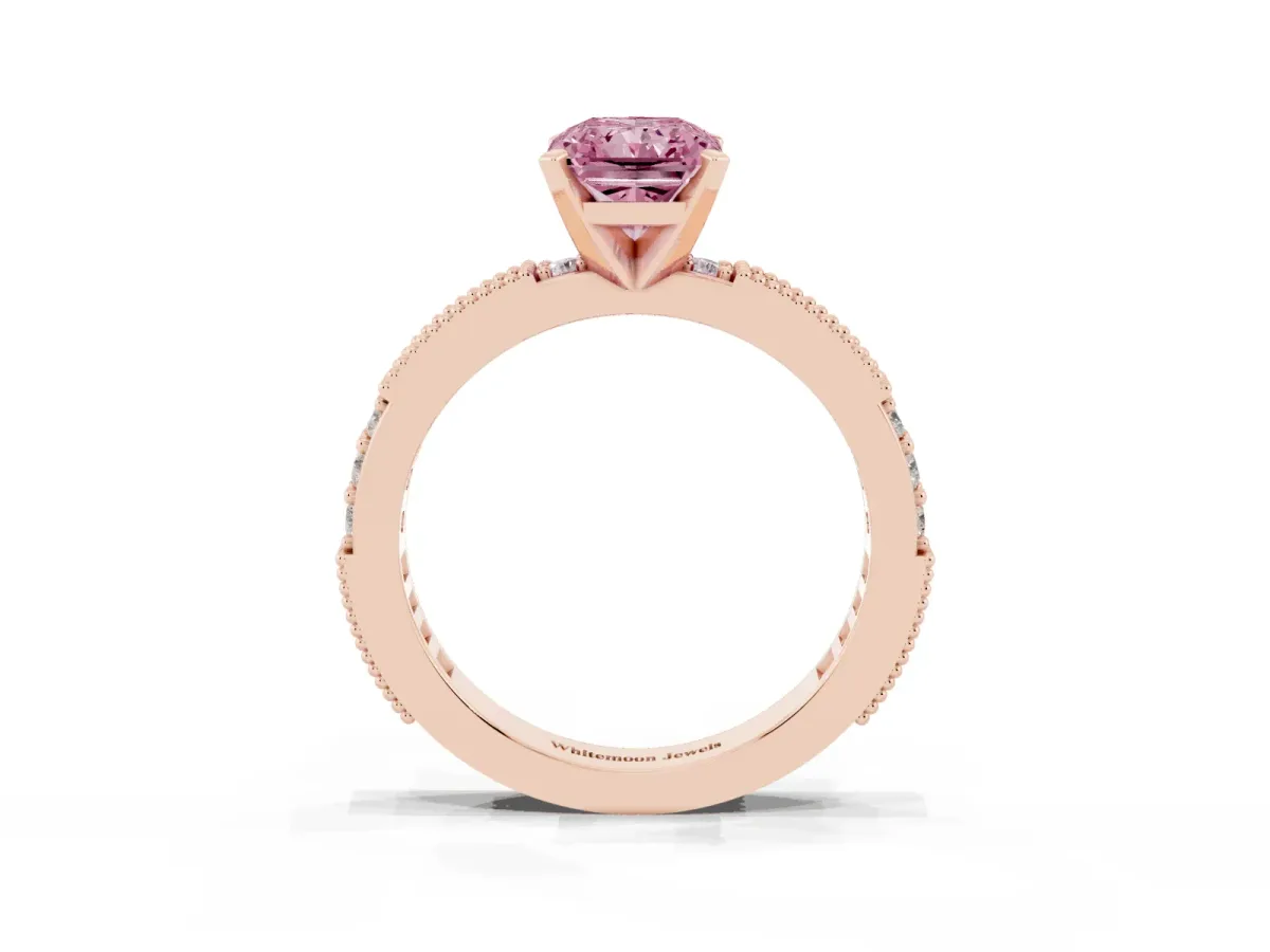 Fancy Pink Radiant Cut Solitaire with Pavé Band and Four-Prong Setting Rose gold