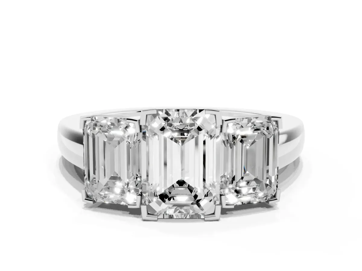 Three-Stone Emerald Cut Cut Diamond Ring with Channel Set Band and Four-Prong Setting Silver