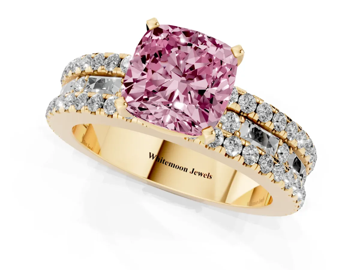 Fancy Pink Cushion Cut Diamond Solitaire Ring with Pavé and Channel Set Band Yellow gold