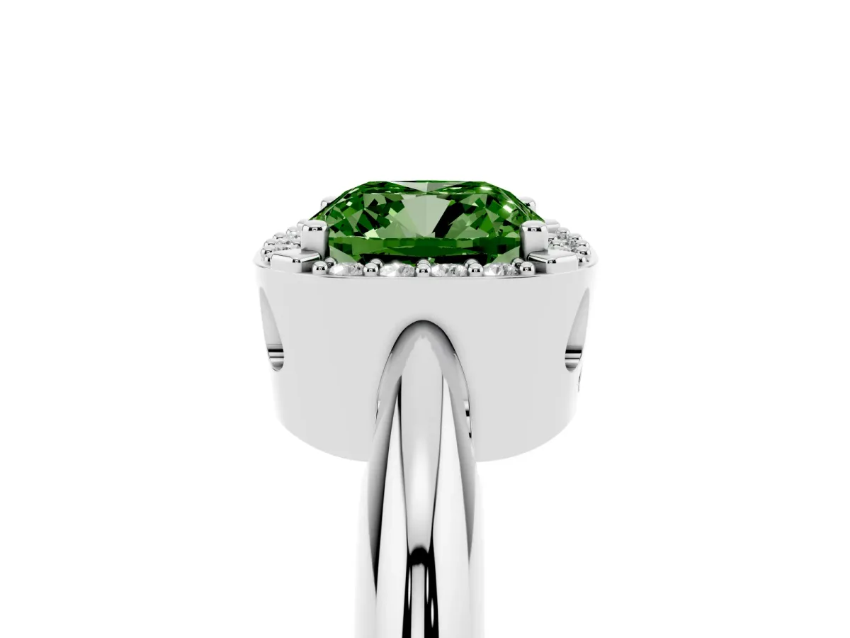 Fancy Green Cushion Cut Cut Diamond Halo Engagement Ring with Split Shank and Four-Prong Setting Silver