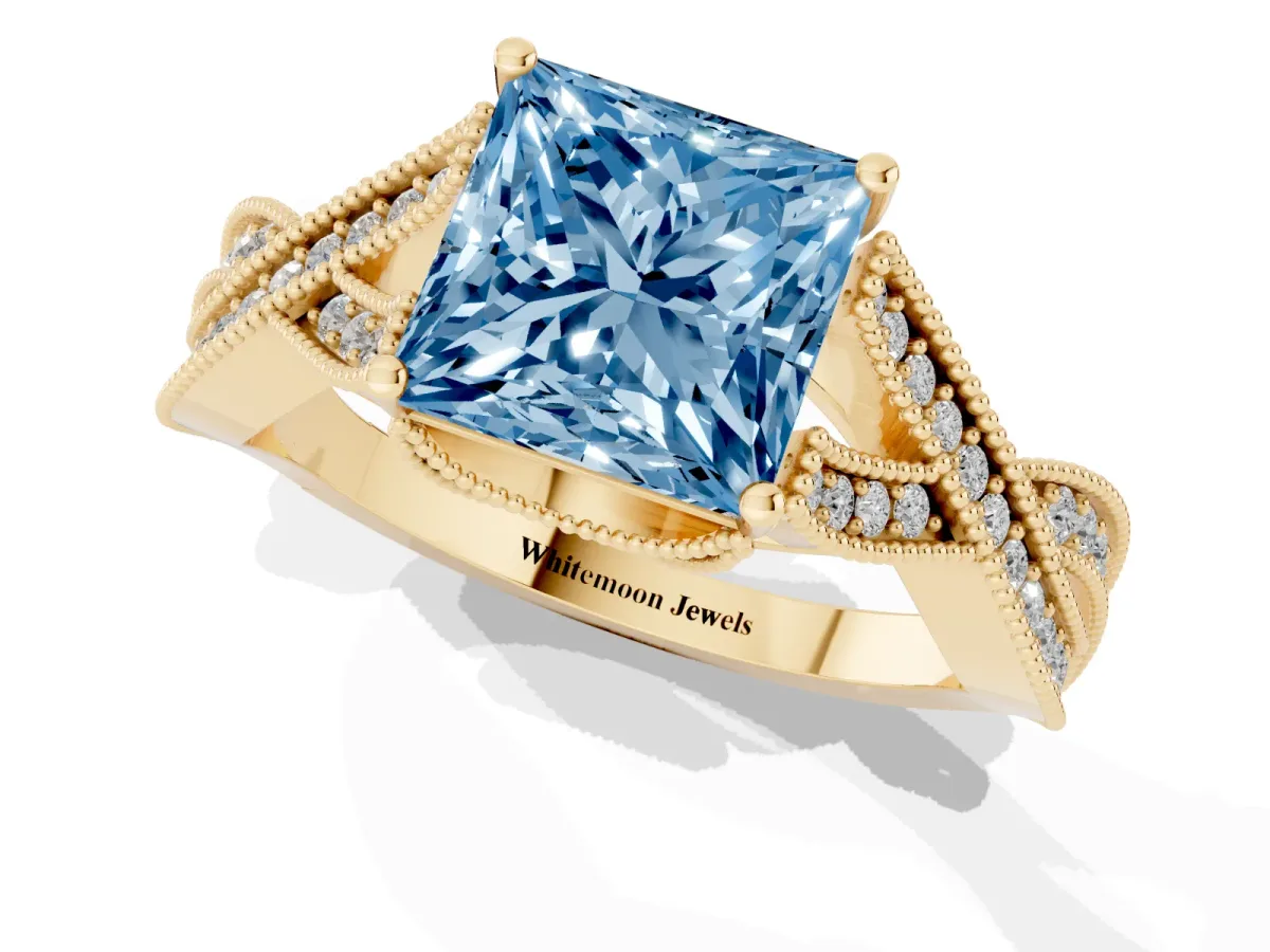 Fancy Blue Princess Cut Cut Diamond Twisted Band with Milgrain Pave Setting and Four-Prong Setting Yellow gold