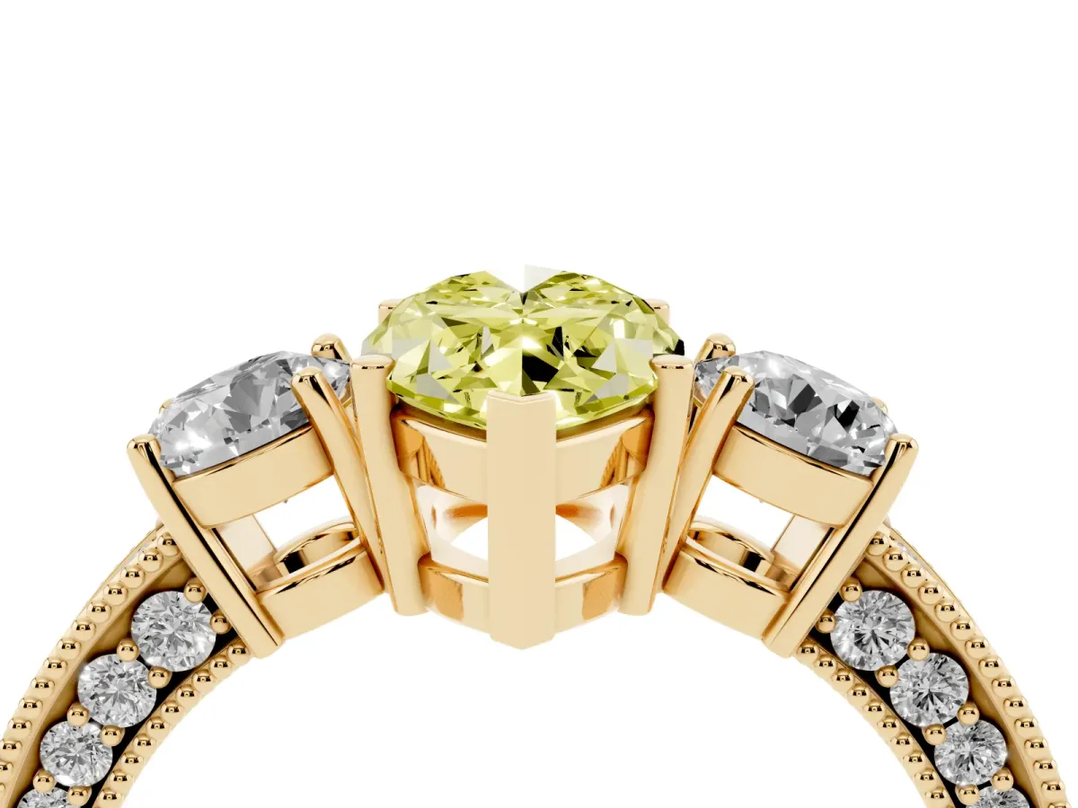 Fancy Yellow Marquise Cut Three-Stone Diamond Ring with Pavé Band and Four-Prong Setting Yellow gold