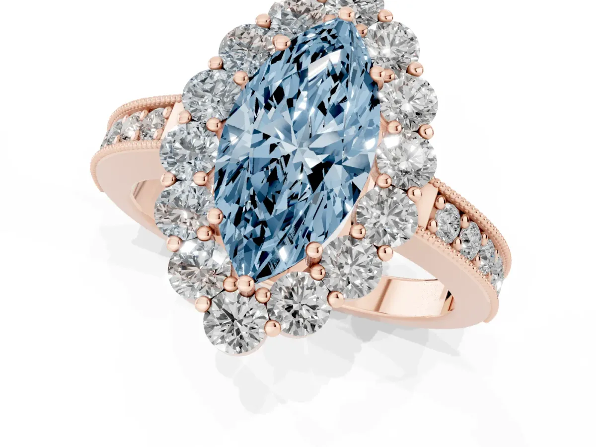 Fancy Blue Marquise Cut Cut Halo Diamond Pavé Engagement Ring with Milgrain Detailing Rose gold