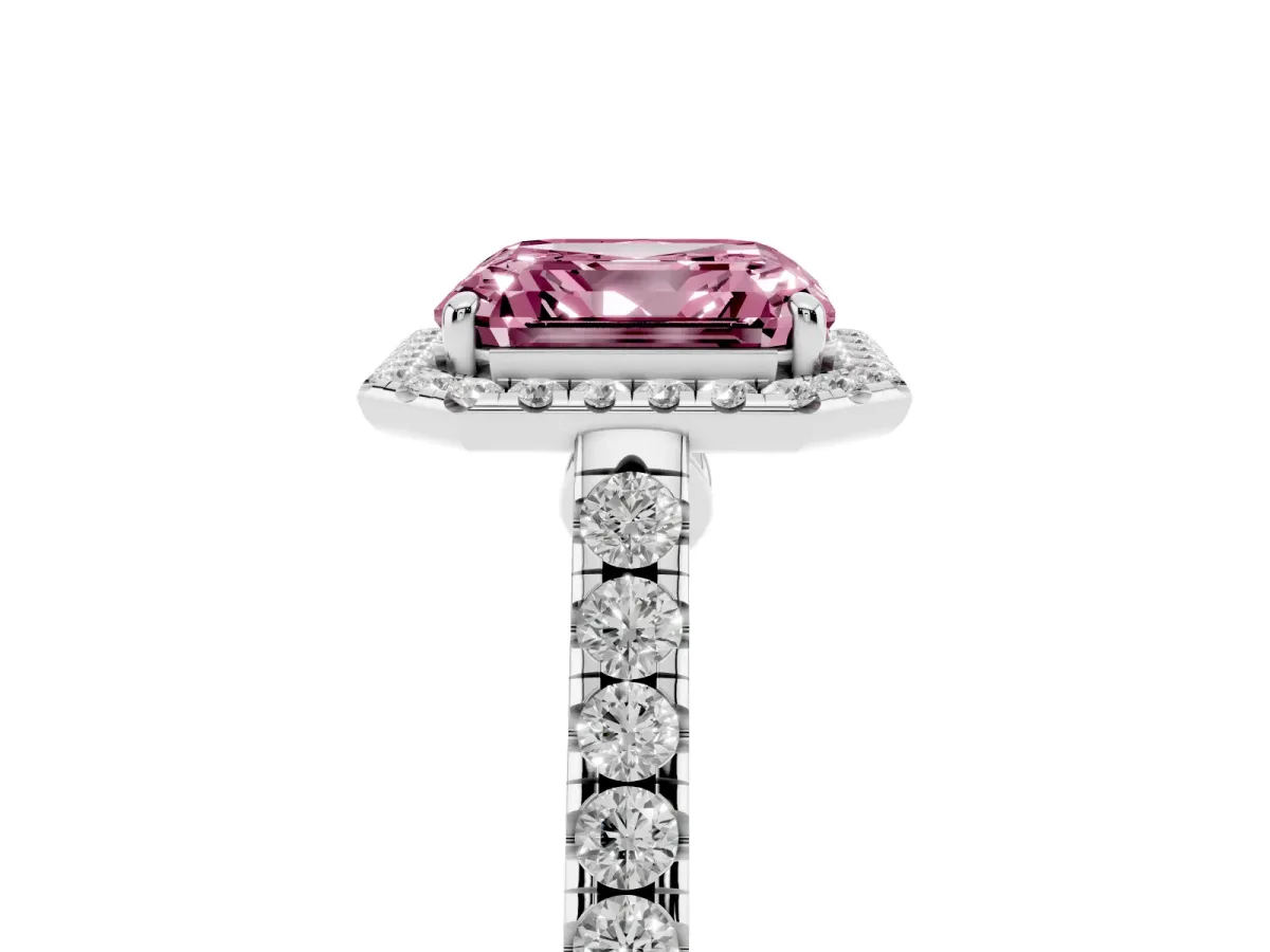 Fancy Pink Asscher Cut Halo Pave Diamond Engagement Ring with Four-Prong Setting White gold