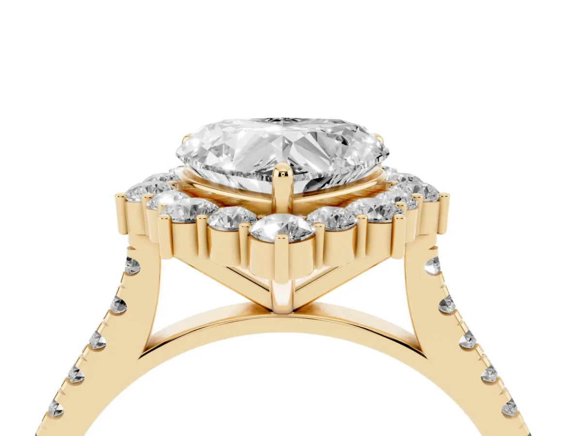Heart Cut Halo Diamond Ring with Pavé Band and Prong Setting Yellow gold