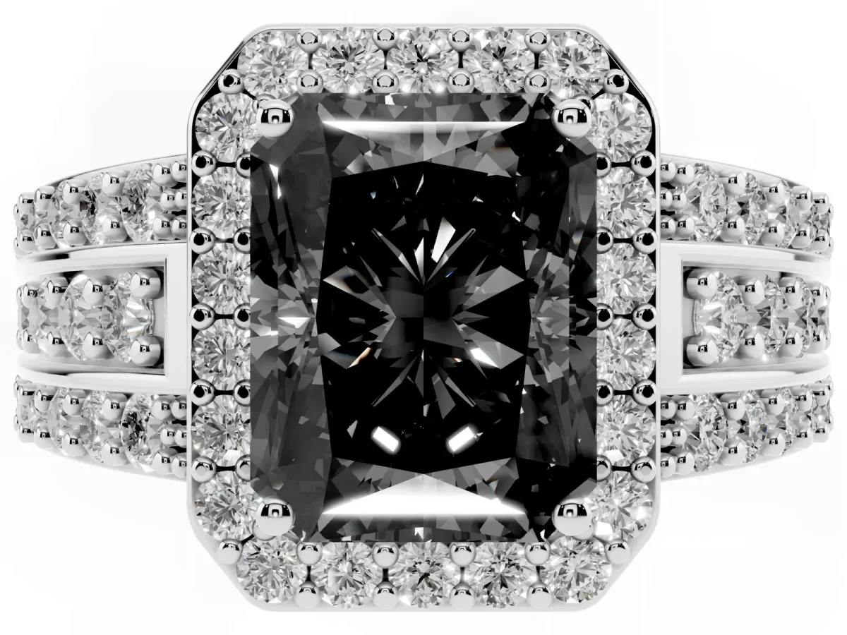 Fancy Black Radiant Cut Halo Diamond Ring with Round Split Shank and Prong Setting Silver