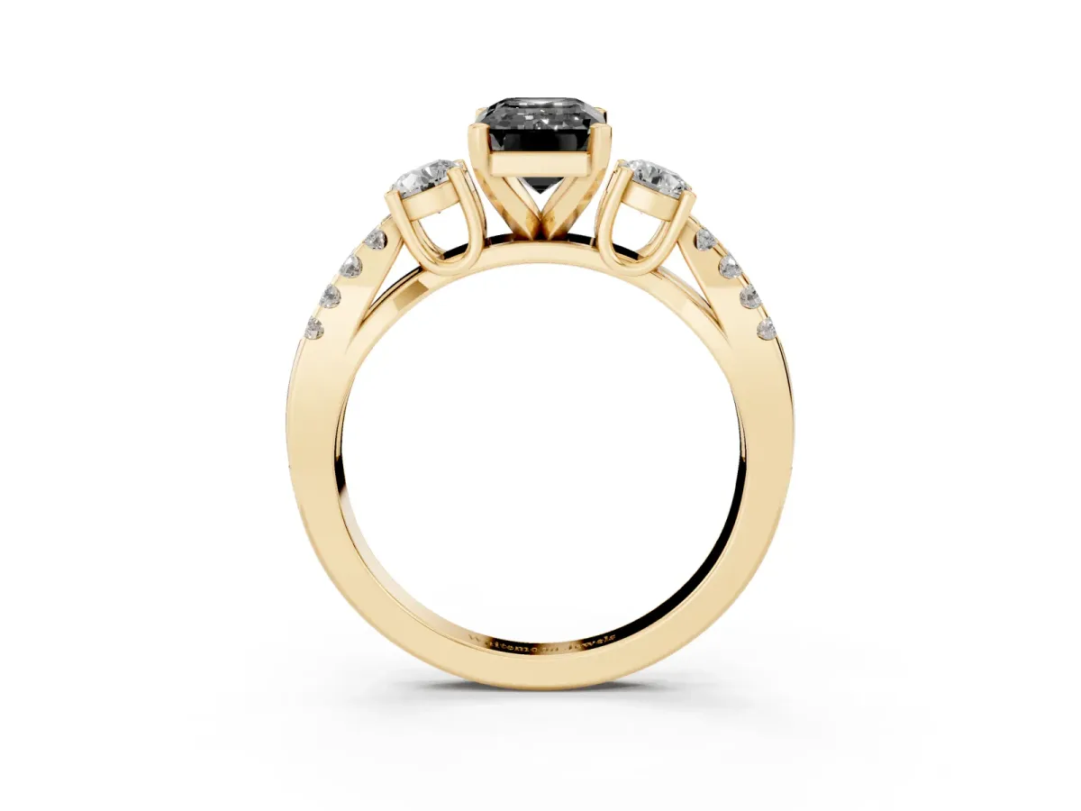 Fancy Black Emerald Cut Diamond Three-Stone Ring with Pavé Split Shank and Four-Prong Setting Yellow gold