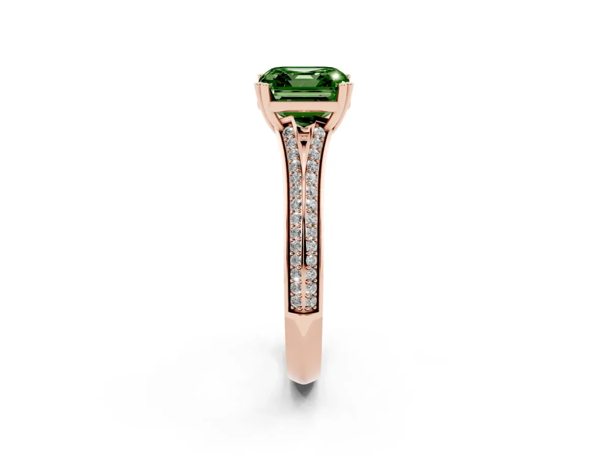 Fancy Green Asscher Cut Diamond Split Shank Engagement Ring with Pavé Band Rose gold