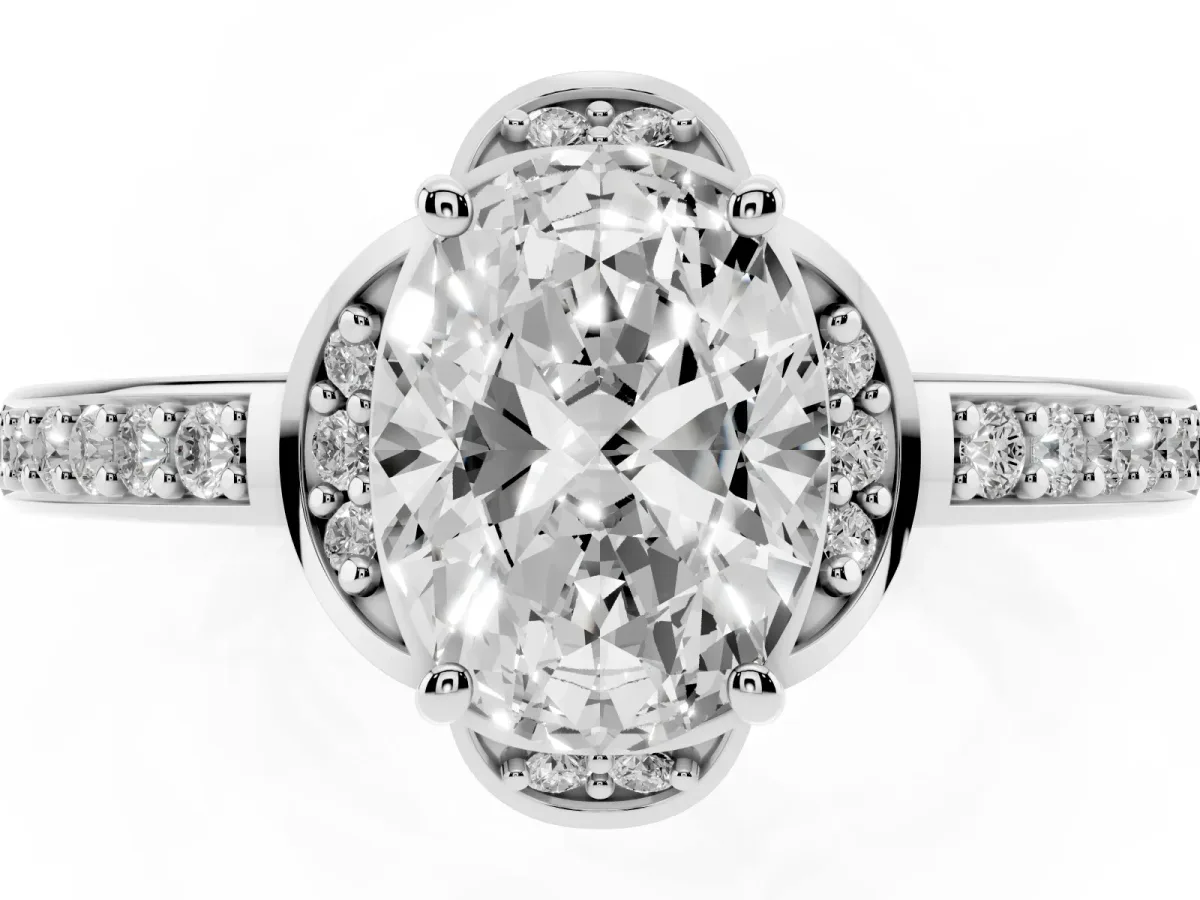 Oval Cut Cut Halo Diamond Ring with Channel Set Band and Four-Prong Setting White gold