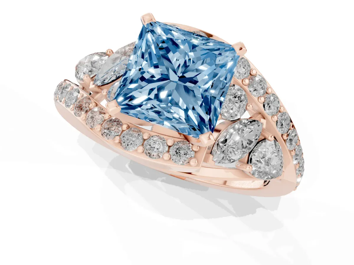 Fancy Blue Princess Cut Diamond Halo Ring with Marquise and Pavé Band in Prong Setting Rose gold