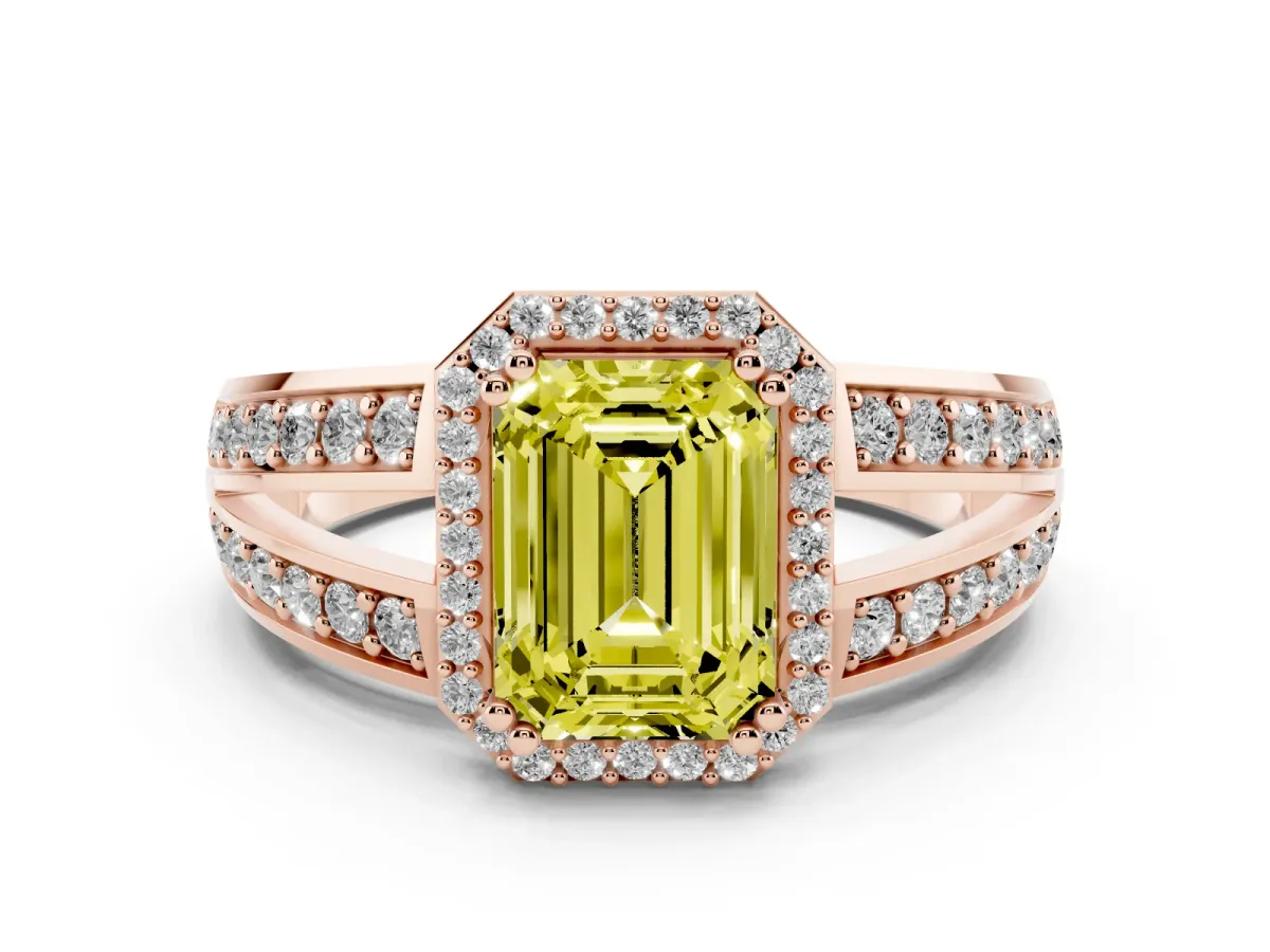 Fancy Yellow Emerald Cut Diamond Halo Ring with Split Shank Pavé Band and Four-Prong Setting Rose gold