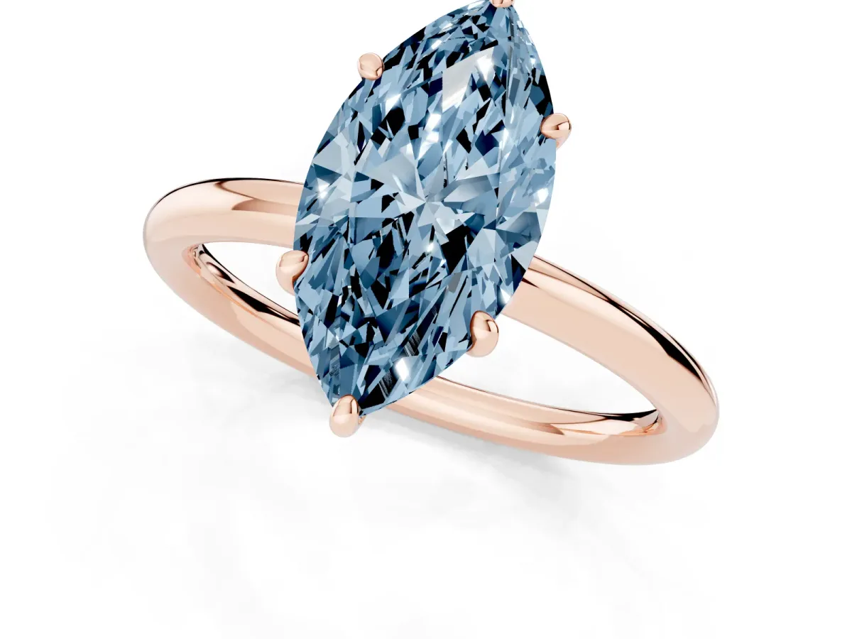 Fancy Blue Marquise Cut Solitaire Diamond Ring with Four-Prong Setting on a Plain Band Rose gold