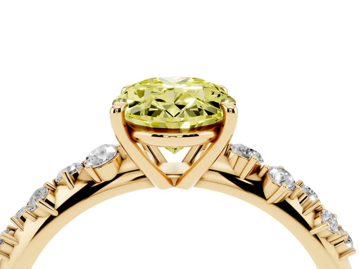 Fancy Yellow Oval Cut Diamond Cluster Side Stone Solitaire Ring with Prong Setting Yellow gold