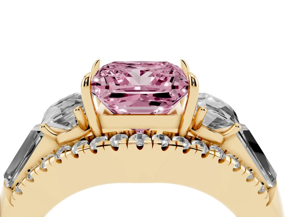 Fancy Pink Three-Stone Princess Cut Diamond Engagement Ring with Pave Band and Prong Setting Yellow gold
