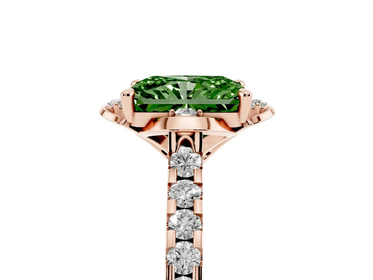 Fancy Green Radiant Cut Diamond Ring with Pavé Band and Floral Prong Setting Rose gold