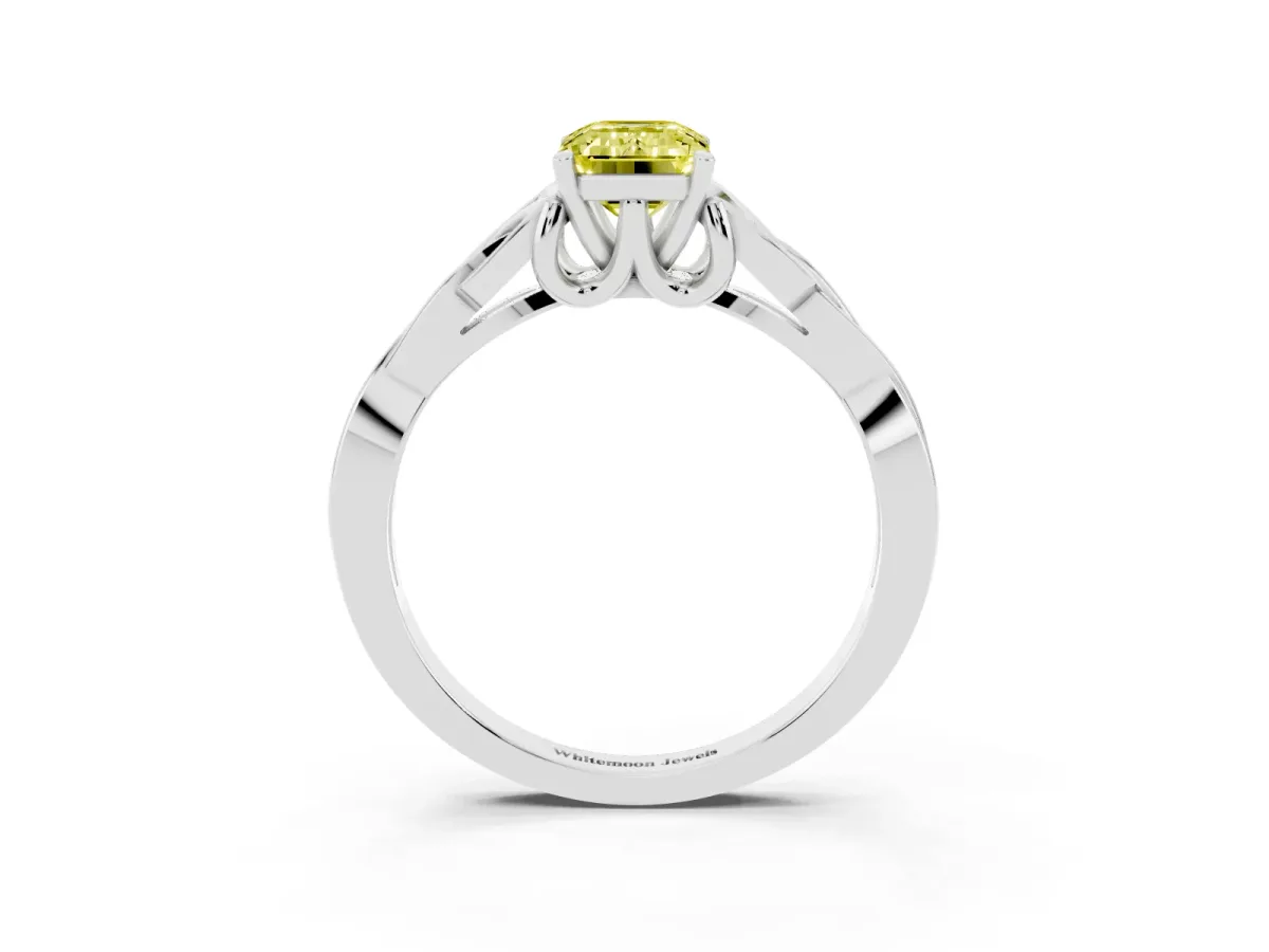 Fancy Yellow Emerald Cut Diamond Solitaire Engagement Ring with Celtic Knot Band and Four-Prong Setting Silver