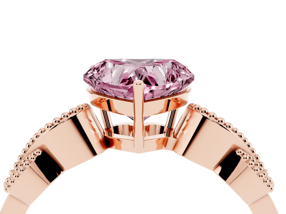 Fancy Pink Heart Cut Solitaire Milgrain Leaf Band with Prong Setting Rose gold