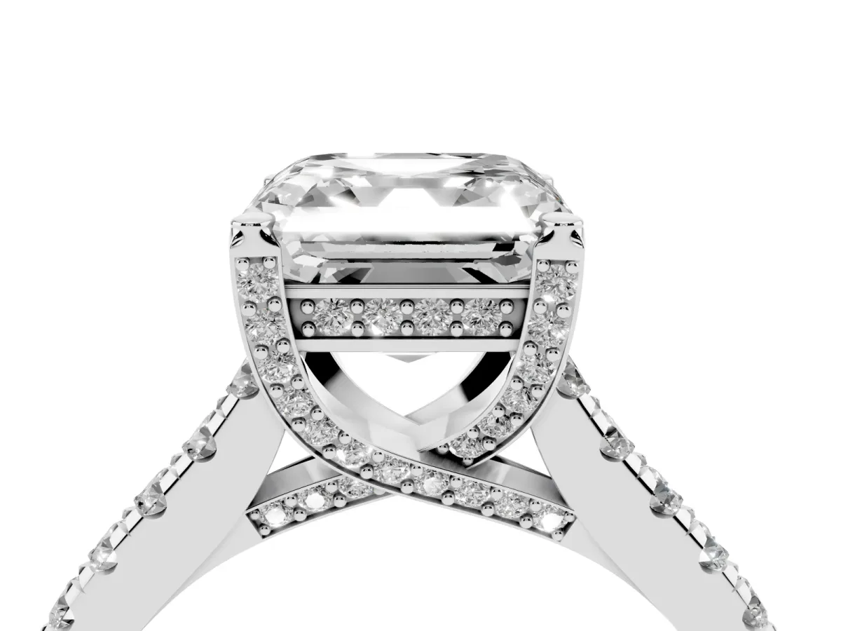 Asscher Cut Brilliant Diamond Solitaire with Pavé Band and Four-Prong Setting Platinum