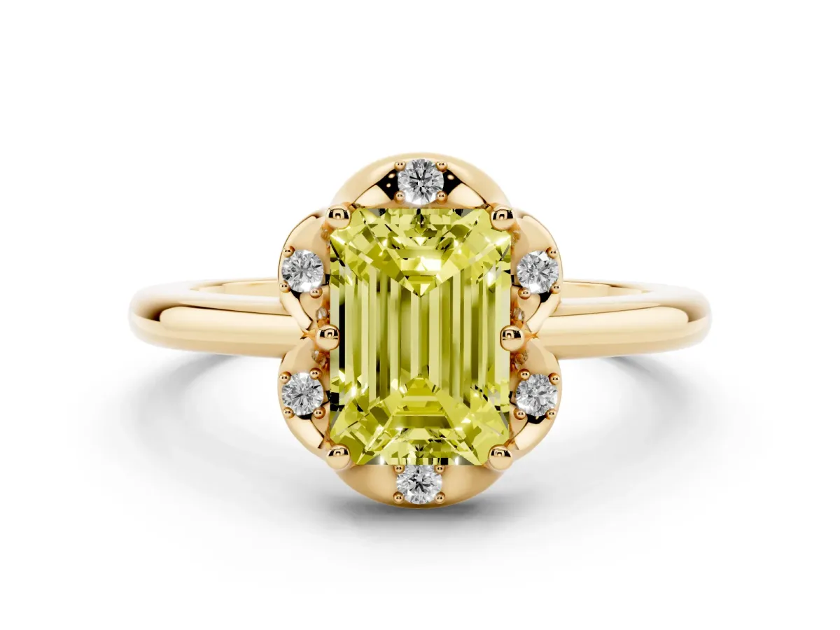 Fancy Yellow Emerald Cut Halo Diamond Ring with Round Cluster Setting, Solitaire Band, and Four-Prong Setting Yellow gold