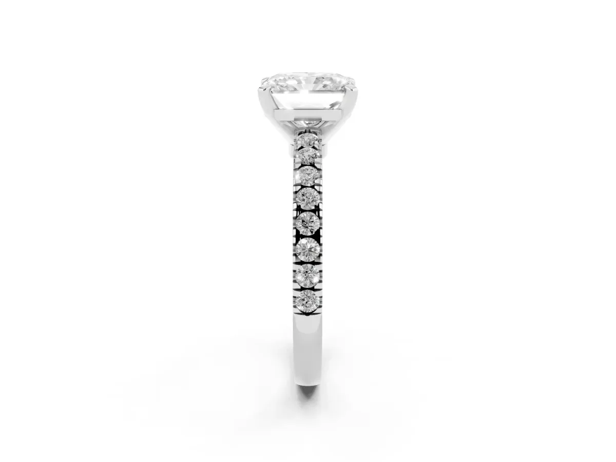 Radiant Cut Solitaire Diamond with Pavé Band and Four-Prong Setting Silver