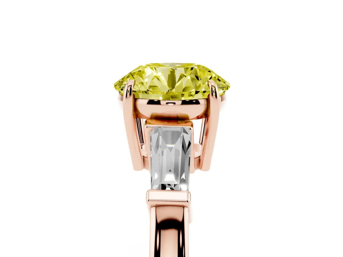 Fancy Yellow Round Cut Diamond Three-Stone Ring with Tapered Baguette Side Stones and Prong Setting Rose gold