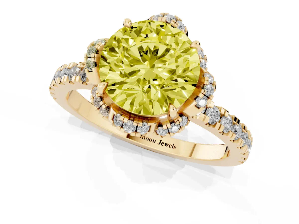 Fancy Yellow Round Cut Halo Diamond Pave Band Ring with Four-Prong Setting Yellow gold