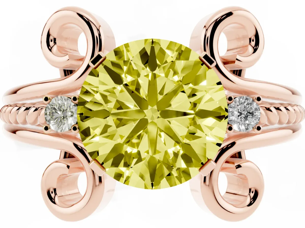 Fancy Yellow Round Cut Solitaire Twisted Band Scroll Prong Ring Rose gold