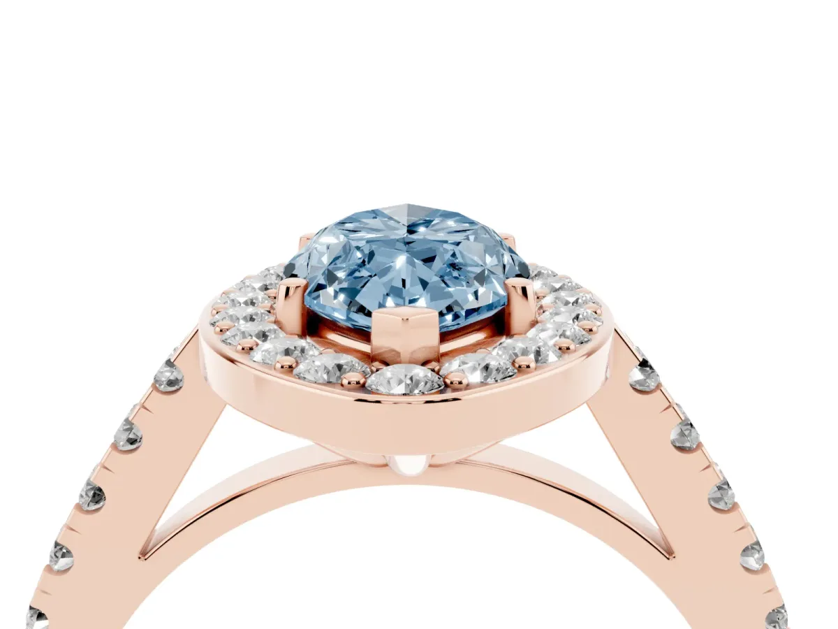 Fancy Blue Marquise Cut Diamond Halo Ring with Round Pavé Split Shank and Prong Setting Rose gold