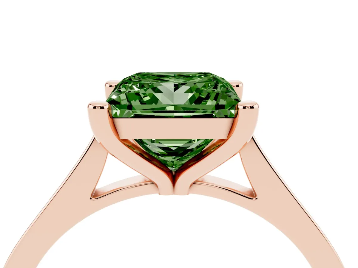 Fancy Green Princess Cut Solitaire Diamond Ring with Four-Prong Setting and Tapered Band Rose gold