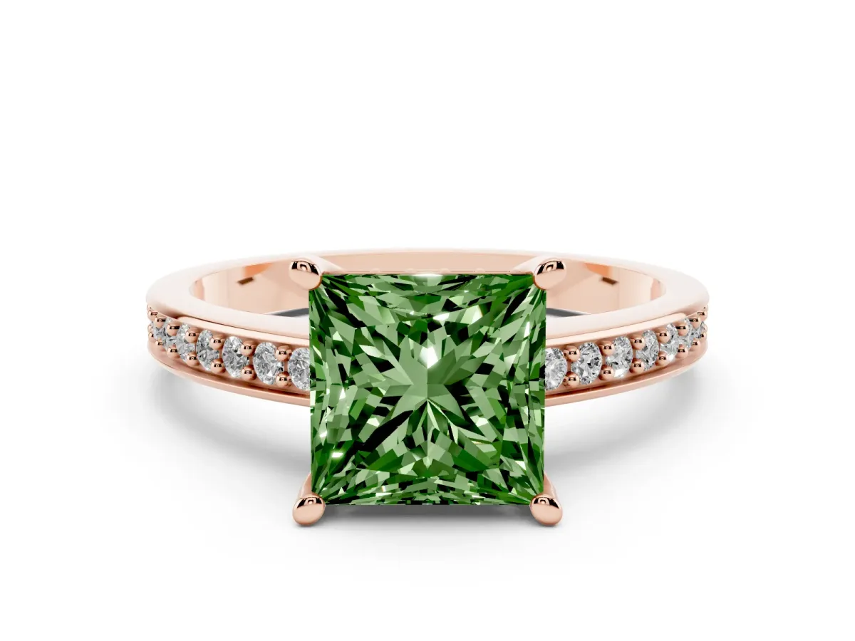 Fancy Green Princess Cut Solitaire Pavé Band Prong Setting Ring Rose gold