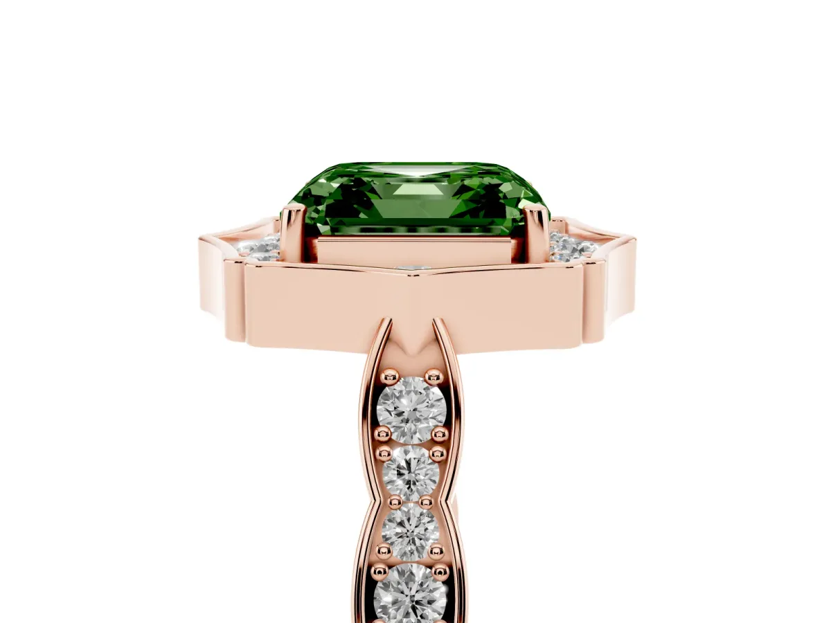 Fancy Green Asscher Cut Halo Diamond Engagement Ring with Milgrain Band and Four-Prong Setting Rose gold