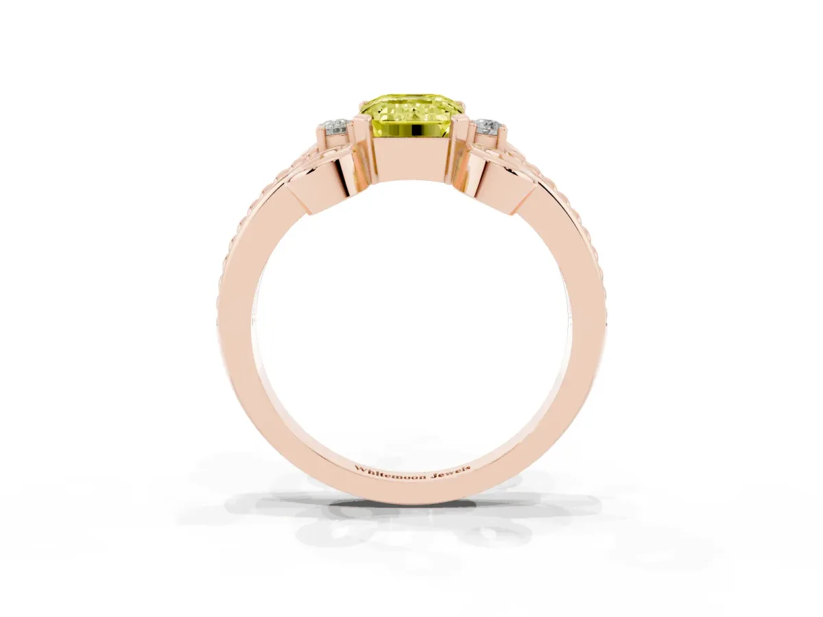 Fancy Yellow Emerald Cut Solitaire Twisted Band Scroll Prong Ring Rose gold
